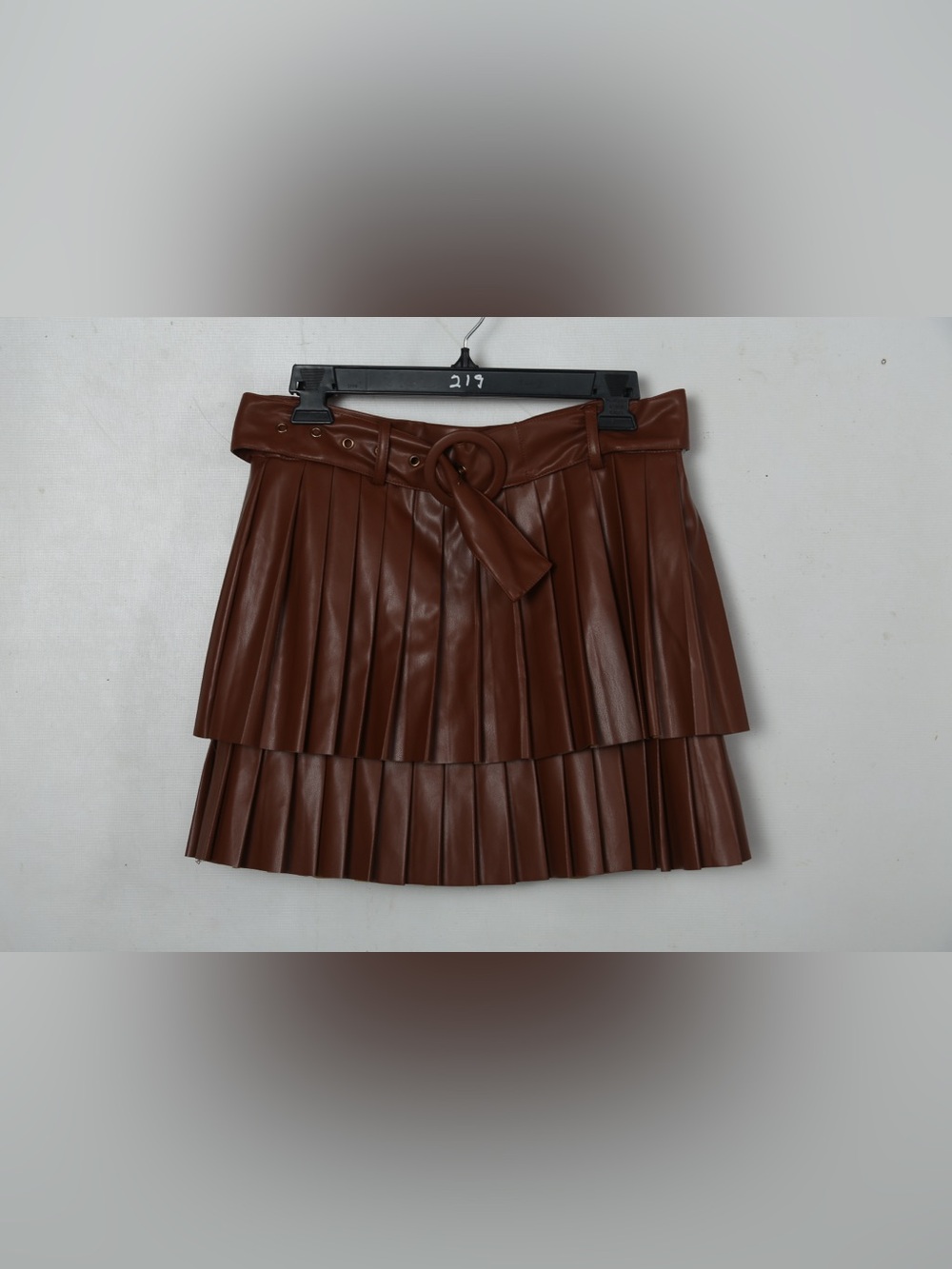 Pleated Faux Leather Mini Skirt with Self-Tie Belt - Brown